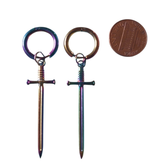 2 Pairs Of Stainless Steel Iridescent Swords + Crosses  Earrings New - Picture 3 of 5